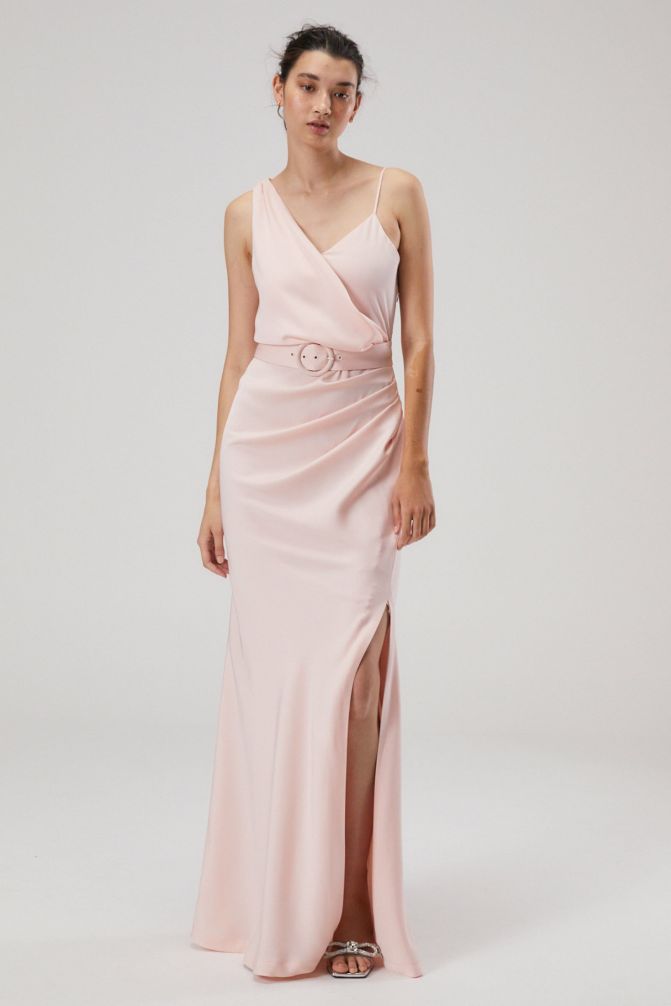 Wedding MISHA Rosette Belted Satin Maxi Dress Blush Pink