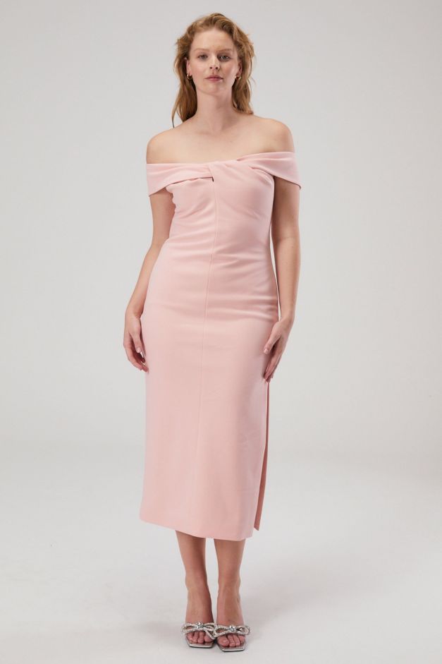 Wedding MISHA Ivy Off Shoulder Midi Dress Shell Pink